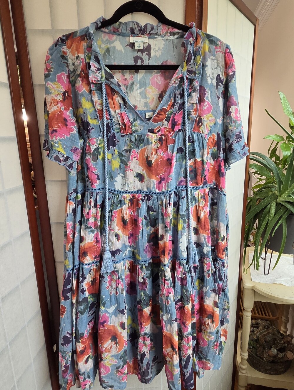 Sundance Boho Cottagecore Floral Tiered Midi Dress Blue Pink Tassel Lace Trim M